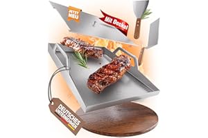 WALDMEISTER - Plancha Grillplatte Edelstahl 40x30cm [mit Griffen, praktischem Deckel, 2 Grillspachteln], Grillplatte Gasgrill Grill Plancha - perfektes Grillzubehör