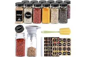 Ferghana 12Pcs Botes Especias Cristal，120ml Tarro de Especias Cuadrado con Tapa de Aluminio Negra，Set de Botes Spice Jars，Frascos Especiarias con Tamiz, Etiquetas, Embudo，Cepillo Limpieza