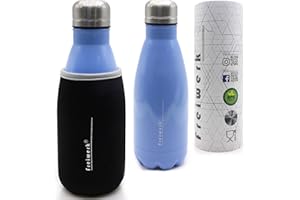 freiwerk® Termos termoizolacyjny, ze stali nierdzewnej, z podwójnymi ściankami, neoprenowy pokrowiec ochronny na kemping, do uprawiania sportu, na rower, niebieski, 350 ml