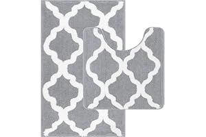 Pauwer Bath Rug Set 2 Piece Microfiber Absorbent Anti-skid Bathmat and Pedestal Mat Set Machine Washable Bathroom Rug and Toilet Mat U Shaped Contour Rug(Grey, 53 x 86 cm+50 x 50 cm)
