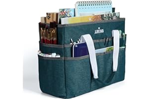 JJRING Craft Organizer Tote Bag, Large Art Storage Caddy with Multiple Pockets, Bluish Green Sewing Bag for Art, Craft, Scrapbooking, School, Medical, and Office Supplies Storage