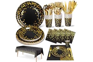 Nkaiso 141pcs Noir Or Party Vaisselle,Kit Vaisselles Anniversaire Assiette Dîner Papier Tasse Serviette Vaisselle réutilisable, Enfants Party Fête Mariages Baby Shower Noël, 20 invités