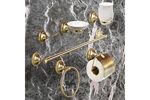 Le Chic Arredamenti Set Accessori Bagno completo, in Ottone bronzato, 6 pezzi Bronzo Piattino e bicchiere in ceramica, fissaggio a parete, porta asciugamani retrò