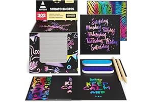 Arteza Notas de scratch art | 8,9 x 8,9 cm | 202 notas para rascar | 200 color arcoiris + 2 con diseño del espacio + 2 rascadores + 2 afiladores | Manualidades para niños, aulas y bricolaje
