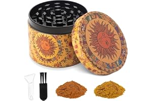 LHOEST Grinder duża kruszarka, młynek do przypraw 50 mm ze skrobakiem i plastikową szczotką, 4 warstwy słońca, młynek do pyłków, metal, 4-częściowy zestaw do przypraw