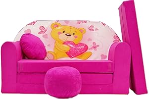 Pro Cosmo Divano letto pieghevole per bambini con funzione letto Perfetto per giocare e dormire - Con materasso, cuscino e pouf sfoderabili - 98x168x59 cm - H3 Rosa - Orsetto di peluche con un cuore