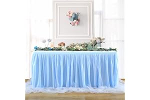 HBBMAGIC Baby Blau Tüll Tischrock Ohne Licht, 2-Langer 183cm Lang Blau Rüschen Tulle Tischröcke, Waschbarer Tutu Tischrock für Hochzeit Party Geburtstag Babydusche Kuchen Dessert Taufe Tisch