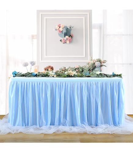Jupe De Table En Tulle Bleu 4,27 M – Décoration Mariage, Anniversaire, Baby Shower, Baptême Élégante Et Volumineuse