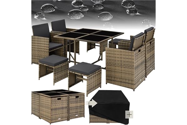 tectake® Salon de Jardin Extérieur en Poly Rotin - Table, 4 Chaises Confortables, 4 Tabourets, Housse de Protection - Mobilier pour Aménagement Balcon Terrasse - Marron Naturel
