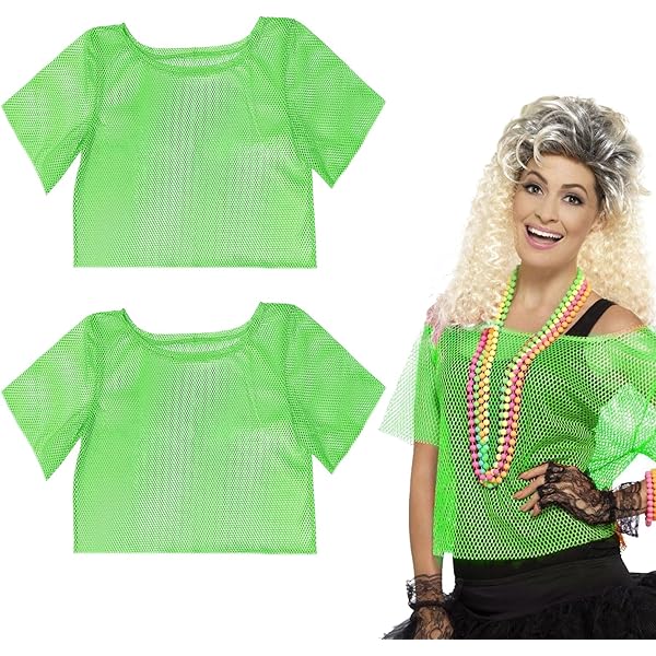 80s Neon Fishnet Mesh T-Shirt, Green Mesh Tops For Women, Neon Party Clothes, Fishnet Top, Suitable For 1980s Retro Theme Party, Masquerade, Club Wear, With 1 Pair Of Water Drop Earrings