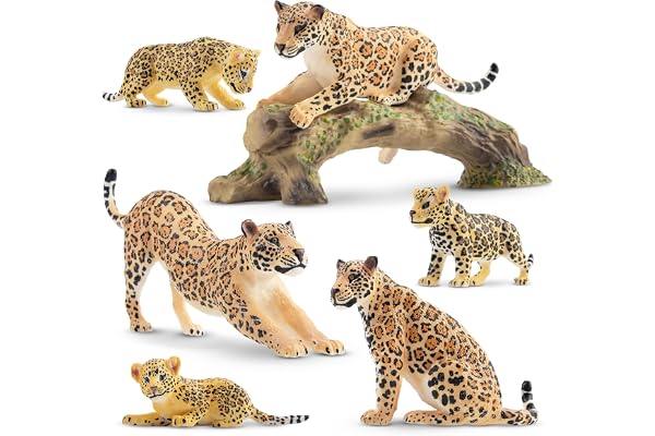 TOYMANY 7 figurines jaguar avec petits et tronc, jouets réalistes en plastique, zoo forêt, jouet éducatif