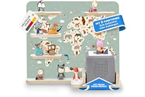 ‎STADTECKEN stadtecken Holzregal für Musikbox I Geeignet für die Toniebox und ca. 35 Tonies I Perfekte Tonie Aufbewahrung im Kinderzimmer I Zum Aufstellen oder Aufhängen I Atlas, mit schmalen Boden