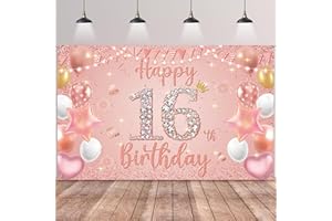 AURMONIGO Happy 16th Birthday Decorations Banner - Pink Rose Gold Decoration Backdrop Photography Background, Fabric Sign Poster for 16 Years Old Girls Birthday Party Supplies