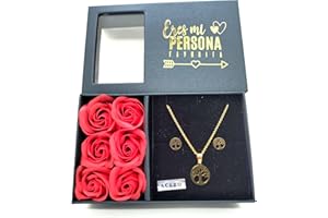EUROAMZ Set Regalo Mujer: Caja con 6 Rosas Eternas Perfumadas, Colgante y Pendientes, Bolsa Incluida - Ideal para Día de la Madre, San Valentín, Cumpleaños (Dorado Árbol)
