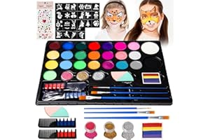 PATRICHOR Maquillage Enfant, Palette Maquillage Halloween Kit Peinture Visage Enfant, 16 Couleurs Peinture Corporelle Kit con 2 Craie pour Cheveux y 28 Pochoirs Maquillage Halloween Carnaval