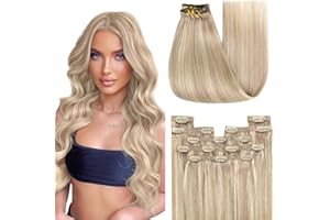 ‎YOUNGSEE YoungSee Clip in Extensions Echthaar Blond Echthaar Extensions Clip Aschblond Strahnchen Platinblond Clip in Extensions Blond Remy Extensions Echthaar Clip Glatt Haare 40cm 120g 7 Stuck #18/613