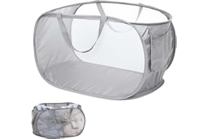 LOUUUOU 1 PC Collapsible Laundry Baskets, Durable Mesh Foldable Laundry Basket Washing Basket Collapsible Foldable Washing Baskets with Handy Pocket and Reinforced Carry Handles for Home and Travel