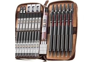 Nicpro 6 pezzi matite meccaniche in custodia pelle, portamine da disegno artistico da 0,3 0,5 0,7 0,9 2 mm per schizzi e scrittura, matita con 18 ricariche di mine (6B 4B 2B HB 2H 4H colori)