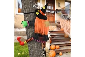 COSMETI Halloween Crashing Witch Decorations, 37 inch Cute Crashing Witch into Tree Halloween Decoration, Flying Witches Halloween Decorations,Halloween Outdoor Indoor Decor for Door Porch, Yard, Garden, Tree