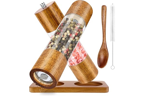 Moulin a Poivre Manuel en Bois, Moulin à Épices avec Broyeur en Céramique Réglable, Lot de 2 Salière et Poivrière Cuisine | Moulin à Poivre | Moulin a Sel, pour Sel de Mer, Piment, Poivre (8 Pouces)