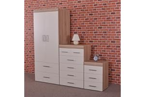 DRP Trading White & Sonoma Oak 3 Piece Bedroom Furniture Set, 3 Drawer Chest, 4+2 Drawer Chest, 2 Door Wardrobe, Complete Bedroom Ensemble, Ideal for Bedroom Organisation, Room Storage, Elegant Decor…