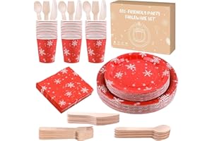 Anstore Weihnachten Teller Becher, Pappteller Rotweiß Einweggeschirr Set, ​200 Stück Papier Geschirr Set, Schneeflocken Partygeschirr mit Holzbesteck, Teller, Becher für Geburtstag, Hochzeiten, Party