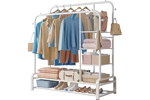 SMILOVII Clothes Rail Heavy Duty, Rails to Hang Clothes, Sturdy Metal clothing Rail 8 Coat Hooks, 3 Storage Shelves & 2 Tier Shoe Rack, Perfect for Bedroom Clothing Rack - White