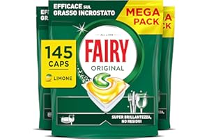 Fairy Original Pastiglie Lavastoviglie, 145 Capsule, Limone, Detersivo Con Azione Pulente Al Primo Lavaggio, Efficace Sul Grasso Incrostato Con Azione Brillante