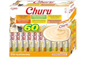 INABA Churu - Friandises pour Chats en Purée Variétés de Poulet - Délicieux Snacks pour Félins - Texture Lisse et Onctueuse - Nourriture pour Chats - 60 Tubes x 14g
