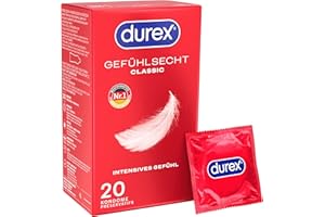 ‎DUREX Durex Gefühlsecht Classic Kondome - Perfekter Sitz & leichtes Abrollen mit zuverlässigem Schutz - Hauchzarte, dünne, befeuchtete, transparente Kondome mit angenehmem Geruch - 20er Pack (1 x 20 Stück)