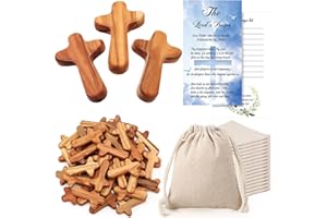 Wenqik 25 Sets Small Olive Wood Crosses Bulk Holding Hand Crosses Religious Christian Gift with Prayer Cards and Bags for Jesus Catholic