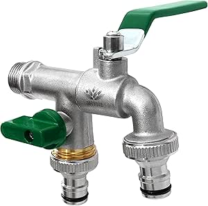 Premium 3/4 Zoll Doppel-Wasserhahn aus Messing rost-, und frostsicher + 2X Gratis Schlauchanschlüsse + Ebook | für Garten, Waschmaschine, Regentonne (2er Pack)