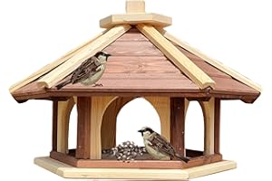 DACKO-WOOD ANETA DACKO Mangeoire hexagonale en bois pour oiseaux sauvages à poser dans le jardin (marron + naturel)