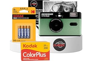 35mm Film Camera Bundle Includes Green Swiss+Go Novocolor Analogue Film Camera with Kodak ColorPlus 24 EXP Film, Kodak Max Super Alkaline AAA Batteries and Clikoze Film Photography Tips Card