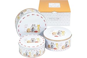 SPOTTED DOG GIFT COMPANY Set di 3 Scatole di Latta, Contenitori Impilabili per Biscotti in Metallo, Barattoli di Latta Rotondi Ermetici per Conservare Torte e Alimenti, Piccoli Medi Grandi - Gatti