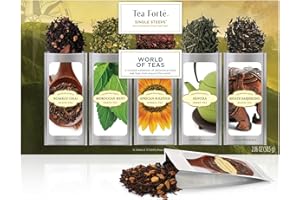 Té Hojas Sueltas World of Teas de UN SOLO USO de Tea Forte, Caja de Té Variado, 15 Bolsas de Un Solo Uso - Té Verde, Té de Hierbas, Té Negro, Té Chai