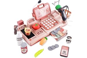 MAYCOLY Caja Registradora Juguetes, Comida Juguetes con Calculadora Micrófono, Sonido, Calculadora, Comida, Escáner, Tienda , Cesta, Supermercado Regalo para Niñas Niños 3 + Años, Rosa