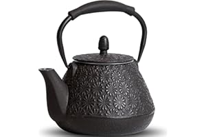 MILVBUSISS Tetera de hierro fundido, 950 ml, diseño de flor de cerezo japonés, tetera apta para estufa, infusor para té y café sueltos, mango de silicona, interior esmaltado, 32 oz, color negro