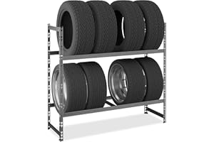 Relaxdays Scaffale Portagomme per 8 Pneumatici, HLP: 100x110x35 cm, 150 kg, Ripiani Acciaio, Garage e Officina, Argento