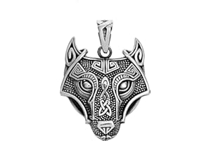 Treasure Bay 925 Sterling Silver Wolf Pendant Necklace for Mens Silver Necklace Pendant, Viking Celtic Fenrir Wolf Head Pendant