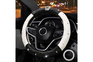coofig Steering Wheel Covers with Bling Diamond,Universal Leather Anti-Slip Car Steering Wheel Cover Sparkly Crown Car Accessories for Women Ladies (Black White)