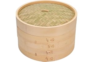 AUTUMNDEER Bambus-Dampfgarer, 25.4 cm, 2 Etagen, chinesisches Lebensmittel-Dampfgarer, traditionelles Design, Huhn, Fisch – handgefertigter Dampfkorb inklusive 2 Mull-Einlagen und Essstäbchen