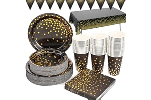 DUOCUTE Nere e Dorate Stoviglie per Feste 99 Pezzi Stoviglie Carta Set Include Piatti di Carta Tovaglioli Tazze Tovaglia Banner, per Compleanno Anniversario Cocktail Party Matrimonio Laurea (24 Ospiti)