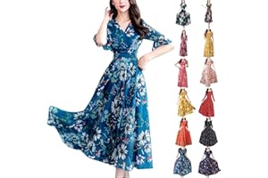 Zhsxertwy Midi Dresses for Women UK Elegant V Neck Short Sleeve Flowy Maxi Sundress High Waist Floral Print Summer Casual Party Ladies Swing Dress Long