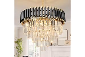 SEENVLOG Modern Luxury Crystal Pendant Light Black Golden Crystal Chandelier Lights 5-Tier Raindrop Chandelier Light Fixture Flush Mount Ceiling Light for Dining Room Living Room Table Foyer, Diameter 60 cm x