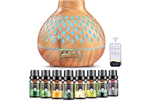 AESHORY Difusor de Aceite Esencial 400ml, Difusor de Aromas con 8 x 10ml Aceites Esenciales, Silencioso Humidificador Ultrasónico con 7 Colores de Luces LED e Control Remoto para Hogar, Yoga, Sin SPA