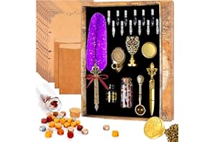 MPRINCE Quill Pen-Feather Calligraphy Pen Ink Set.Includes Feather Dip Pen.Ink.12 Replacement Nibs.Pen Holder.2 envelopes.8 sheets of envelope paper.Tree of Life Seal(Purple)