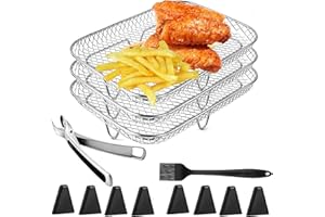 YUEMING Heißluftfritteuse Zubehör, 3 Layers Air Fryer Rack for Ninja Dual Basket mit Silikonfüßen, Zange und Bürste, Luftfritteusen-Zubehör für Ninja AF300EU and Other Double Drawer Fryers