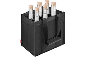 Enbagold Borsa per bottiglie da 6 scomparti da 1,5 litri, pieghevole, in nylon, con divisori, per bottiglie d'acqua, vino, birra e spumante, Nero