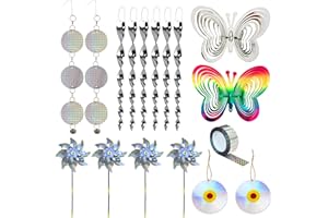 KOKMEYA Juego repelente de pájaros: incluye 2 molinillos reflectantes, 2 molinillos de viento de mariposa, 6 dispositivos en espiral, 1 cinta de miedo y 2 discos, para repeler palomas, gaviotas